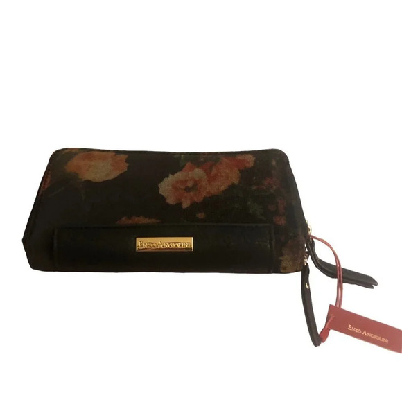 Enzo ANGIOLINI Women's Fabric Floral Flowers Black & Red Zip Around Wallet NIB - Picture 2 of 7